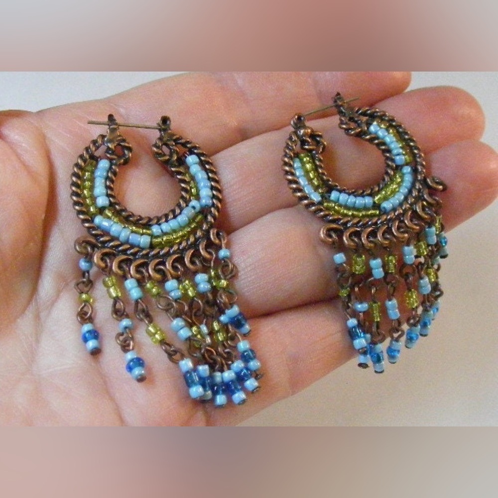 Vintage Southwest Turquoise Bead Hoops Dangle Earrings Chandelier Boho Earrings - Picture 5 of 9